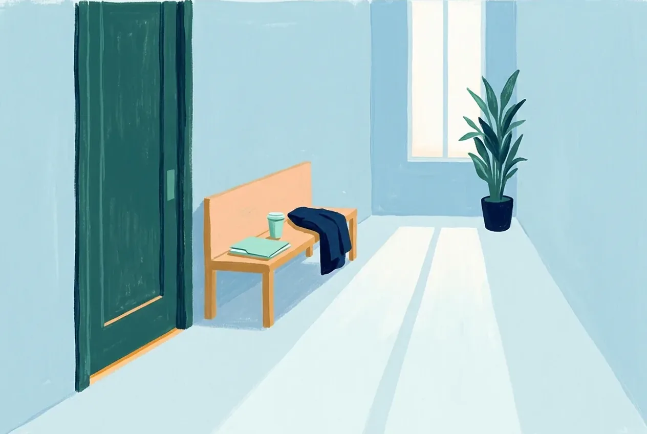 A folder and coffee cup rest on a bench beside a coat draped over the end, long window light, and a tall plant.